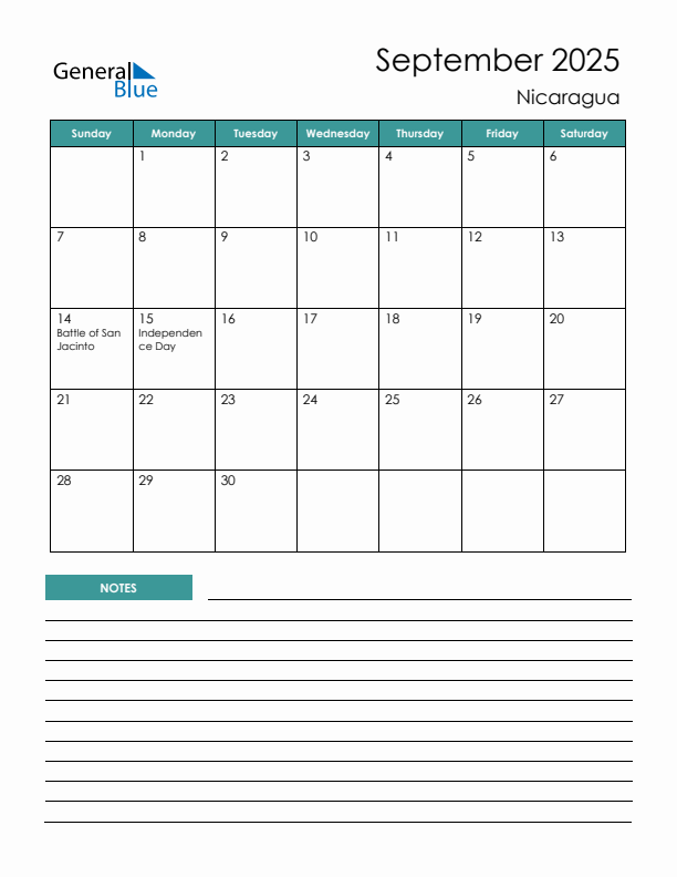 Calendar with Notes Printable - Sunday Start