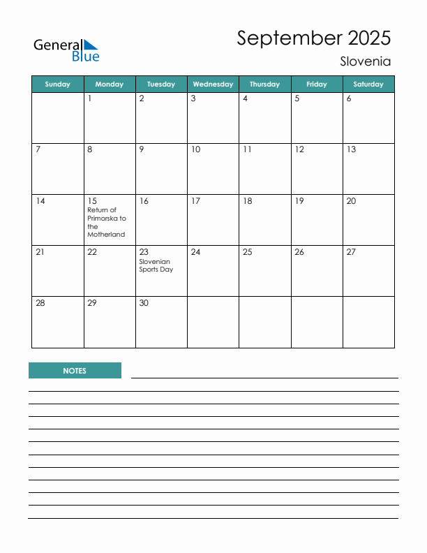 Calendar with Notes Printable - Sunday Start