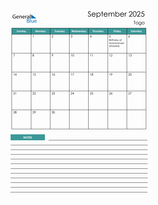 Calendar with Notes Printable - Sunday Start