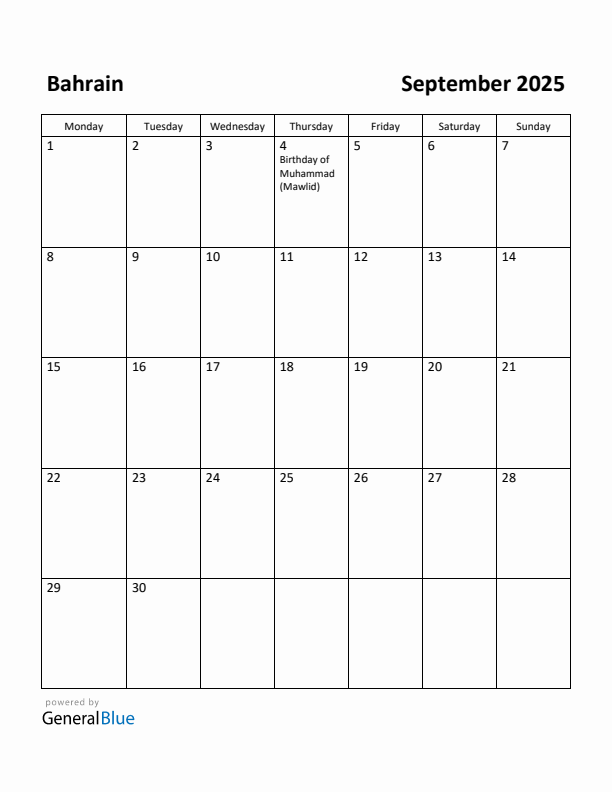 September 2025 Calendar with Bahrain Holidays