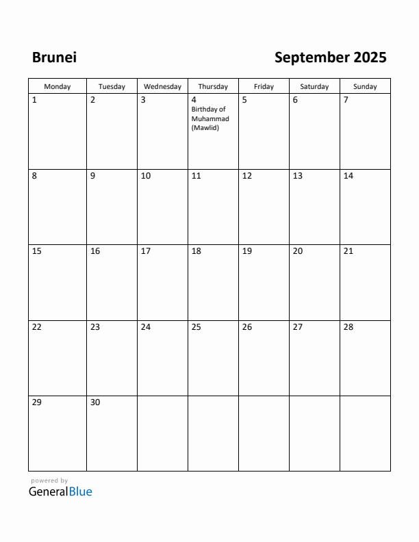 September 2025 Calendar with Brunei Holidays