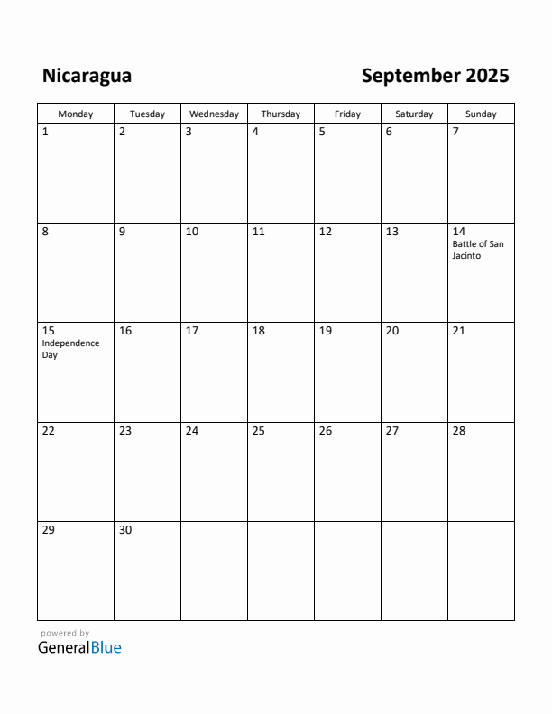 September 2025 Calendar with Nicaragua Holidays