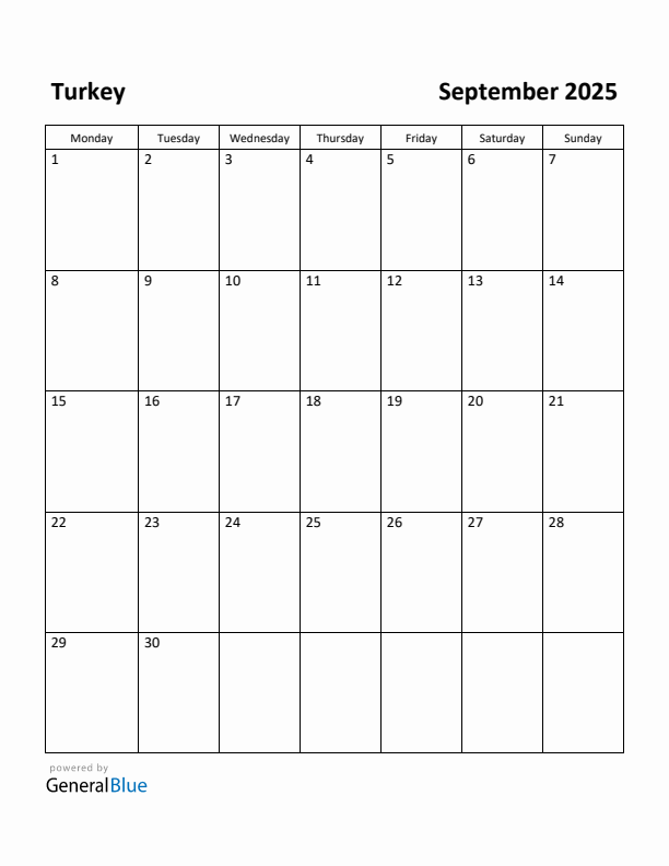 September 2025 Calendar with Turkey Holidays