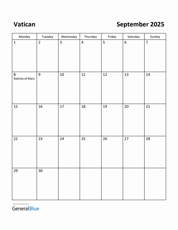 September 2025 Calendar with Vatican Holidays