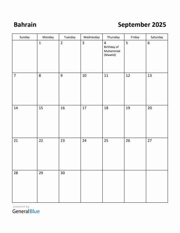 September 2025 Calendar with Bahrain Holidays