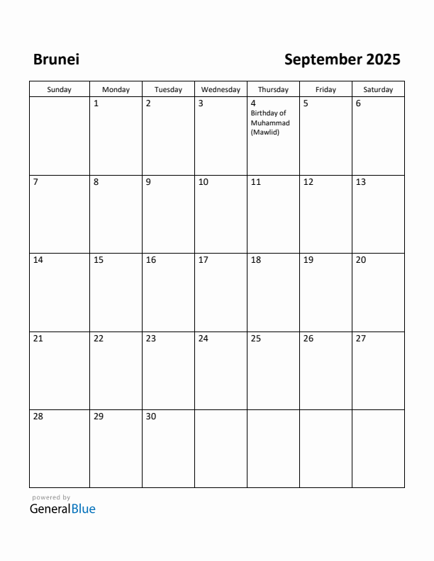 September 2025 Calendar with Brunei Holidays