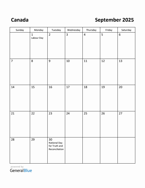 September 2025 Calendar with Canada Holidays