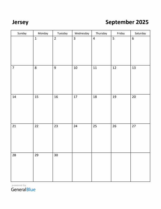 September 2025 Calendar with Jersey Holidays