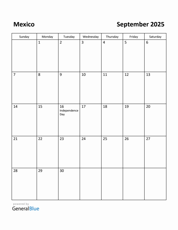 September 2025 Calendar with Mexico Holidays