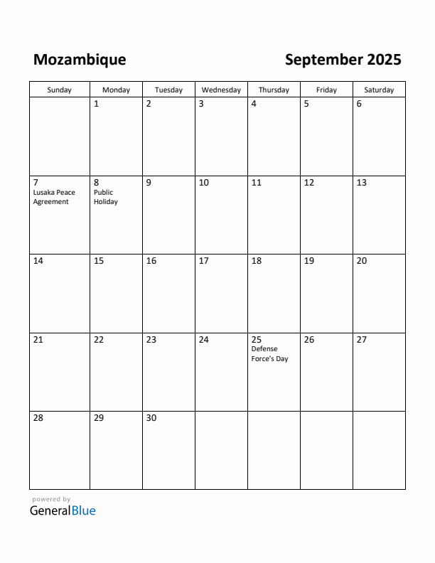 September 2025 Calendar with Mozambique Holidays