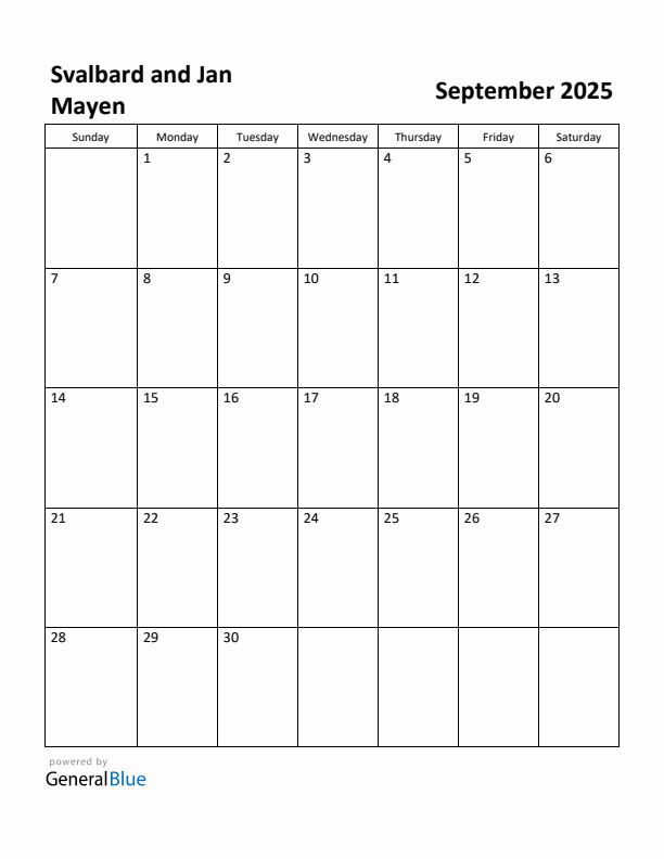 September 2025 Calendar with Svalbard and Jan Mayen Holidays