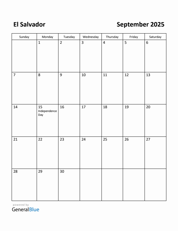 September 2025 Calendar with El Salvador Holidays