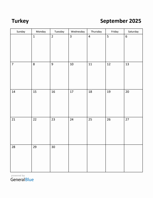 September 2025 Calendar with Turkey Holidays