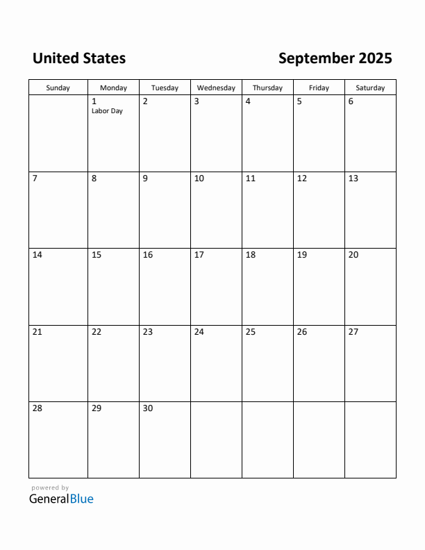 September 2025 Calendar with United States Holidays