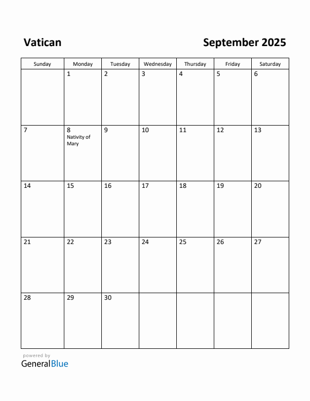 September 2025 Calendar with Vatican Holidays