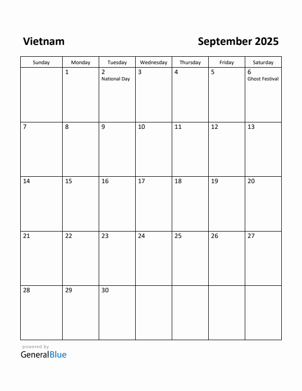 September 2025 Calendar with Vietnam Holidays