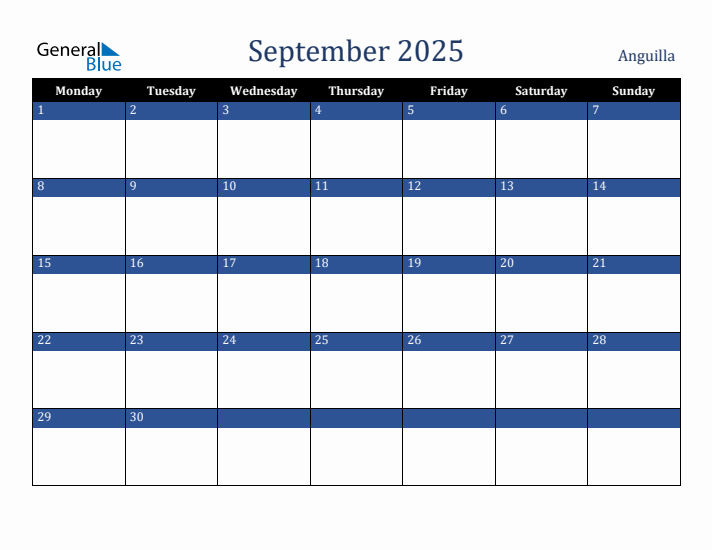 September 2025 Anguilla Calendar (Monday Start)