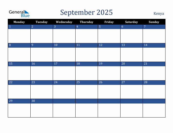 September 2025 Kenya Calendar (Monday Start)