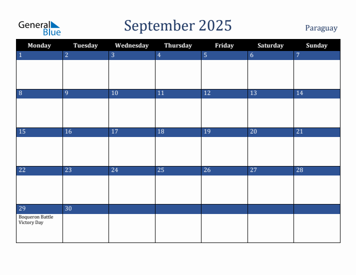 September 2025 Paraguay Calendar (Monday Start)