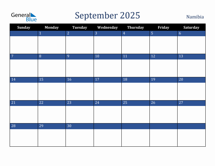 September 2025 Namibia Calendar (Sunday Start)