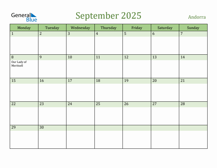 September 2025 Calendar with Andorra Holidays