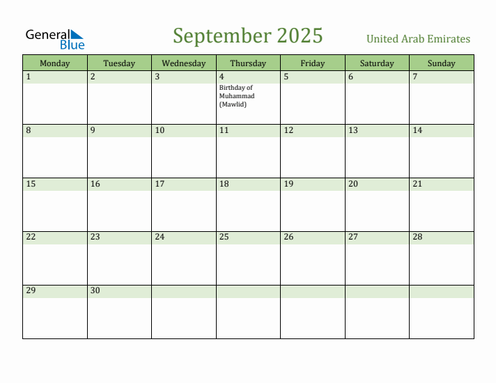 September 2025 Calendar with United Arab Emirates Holidays