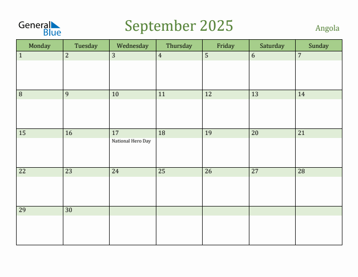 September 2025 Calendar with Angola Holidays