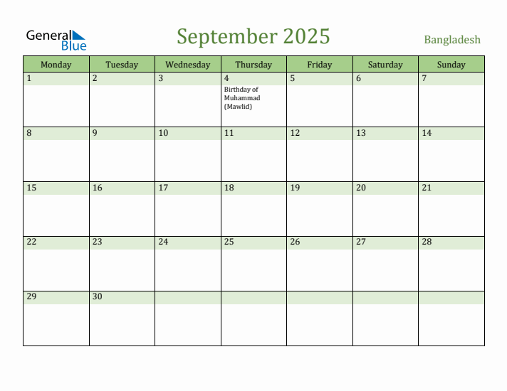 September 2025 Calendar with Bangladesh Holidays