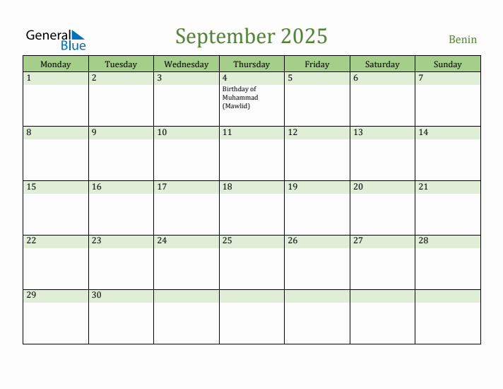 September 2025 Calendar with Benin Holidays