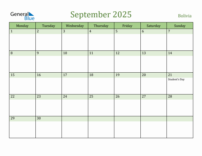 September 2025 Calendar with Bolivia Holidays