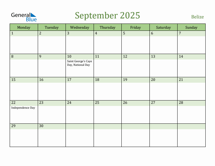 September 2025 Calendar with Belize Holidays