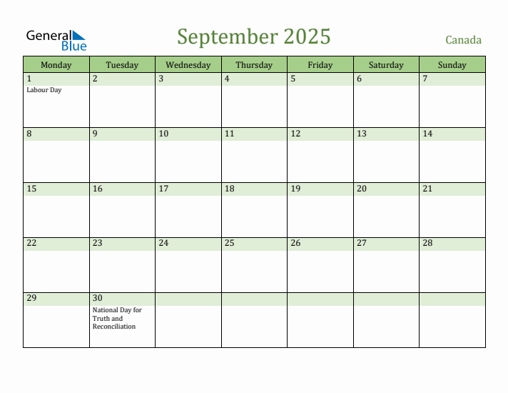 September 2025 Calendar with Canada Holidays