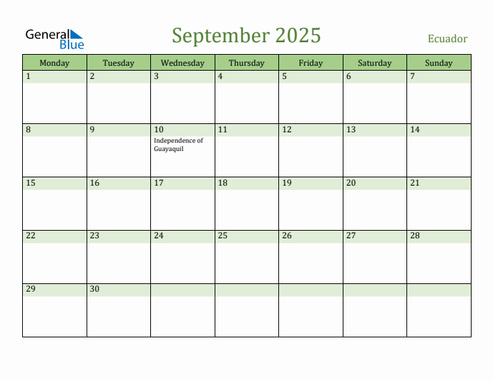 September 2025 Calendar with Ecuador Holidays