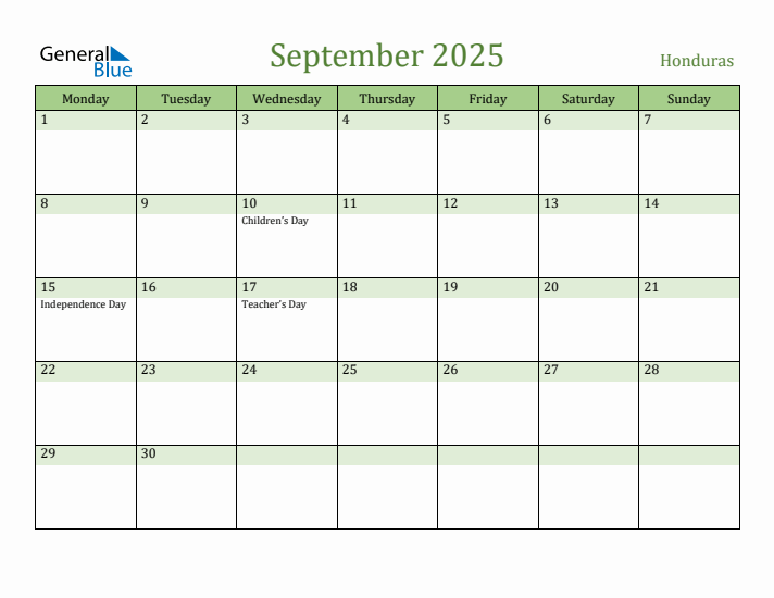 September 2025 Calendar with Honduras Holidays