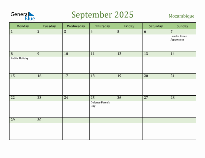 September 2025 Calendar with Mozambique Holidays