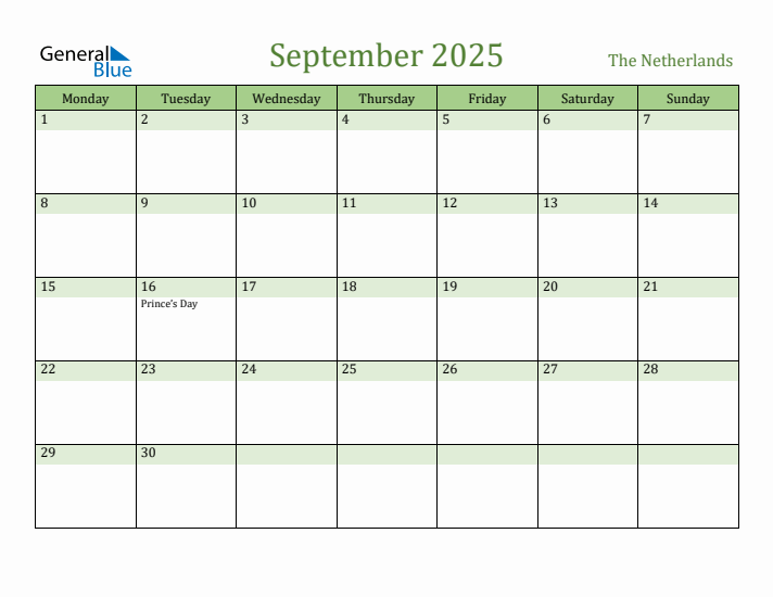 September 2025 Calendar with The Netherlands Holidays