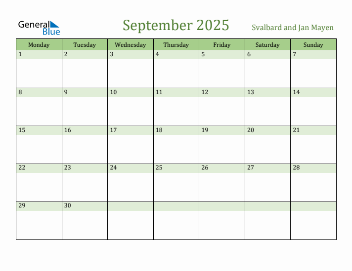 September 2025 Calendar with Svalbard and Jan Mayen Holidays