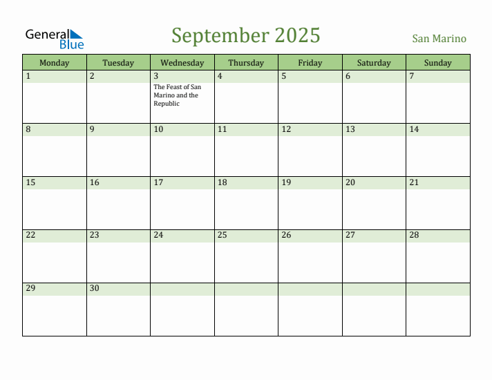 September 2025 Calendar with San Marino Holidays