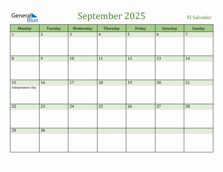 September 2025 Calendar with El Salvador Holidays