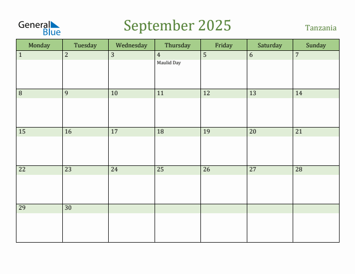 September 2025 Calendar with Tanzania Holidays