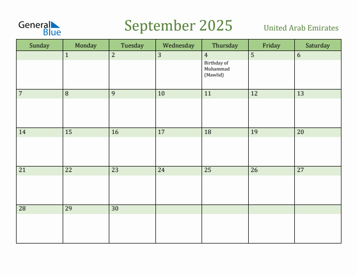 September 2025 Calendar with United Arab Emirates Holidays