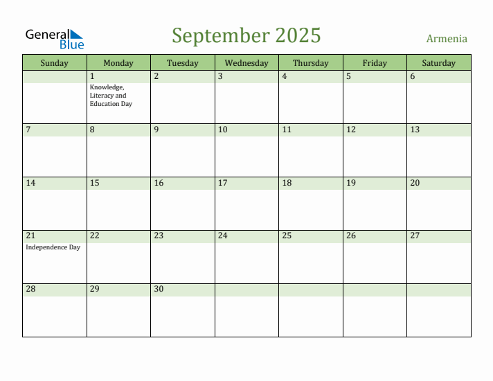 September 2025 Calendar with Armenia Holidays