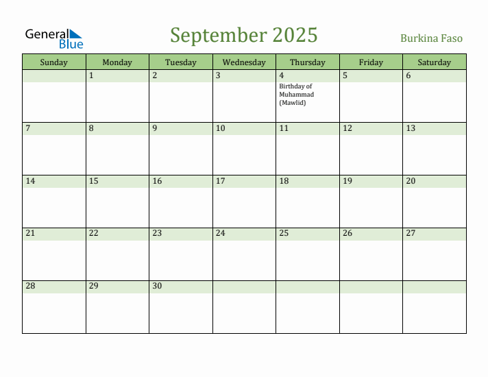 September 2025 Calendar with Burkina Faso Holidays