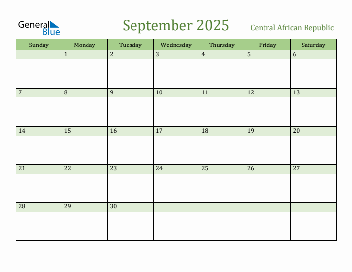 September 2025 Calendar with Central African Republic Holidays