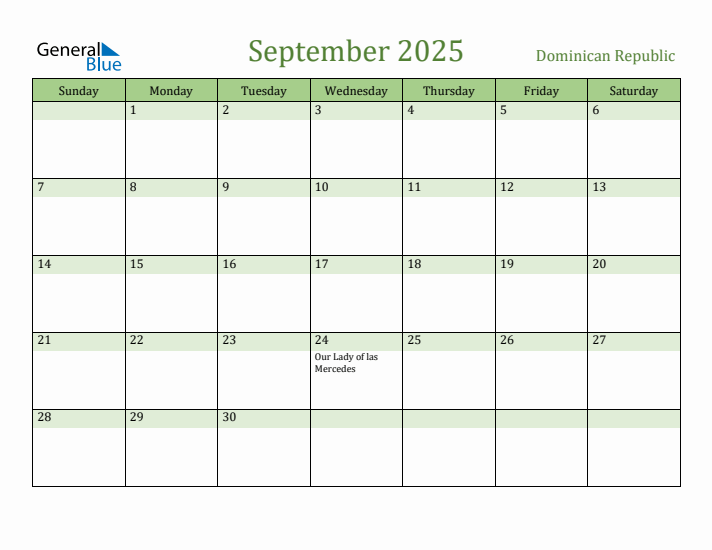 September 2025 Calendar with Dominican Republic Holidays