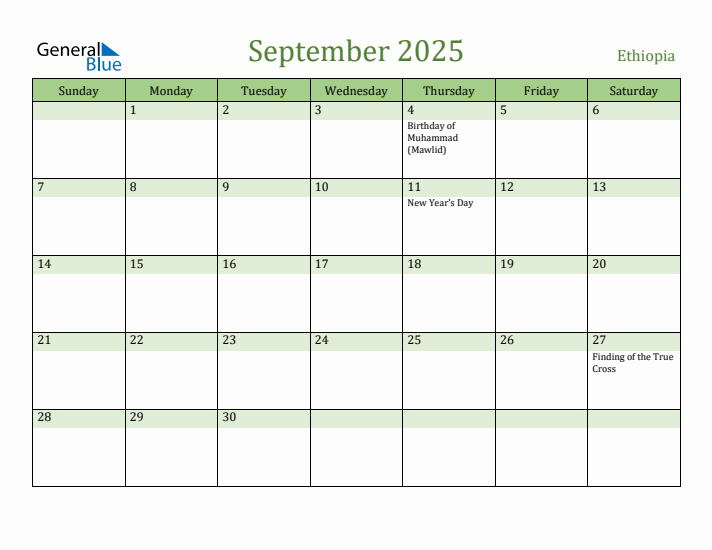 September 2025 Calendar with Ethiopia Holidays