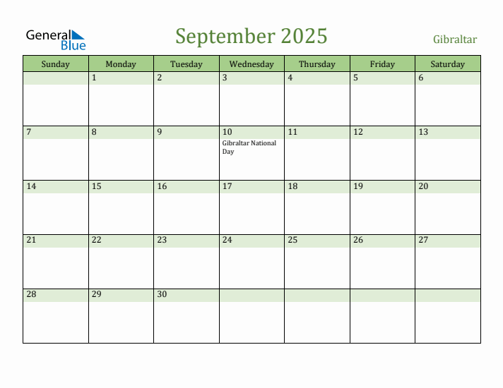 September 2025 Calendar with Gibraltar Holidays