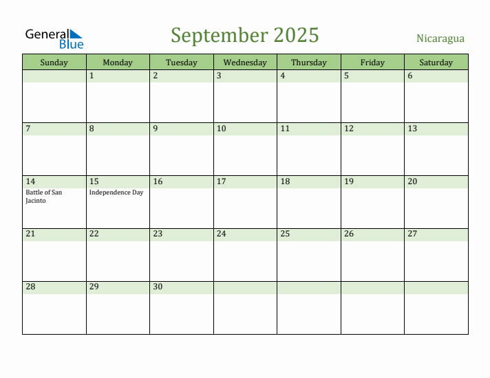 September 2025 Calendar with Nicaragua Holidays