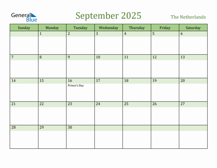 September 2025 Calendar with The Netherlands Holidays