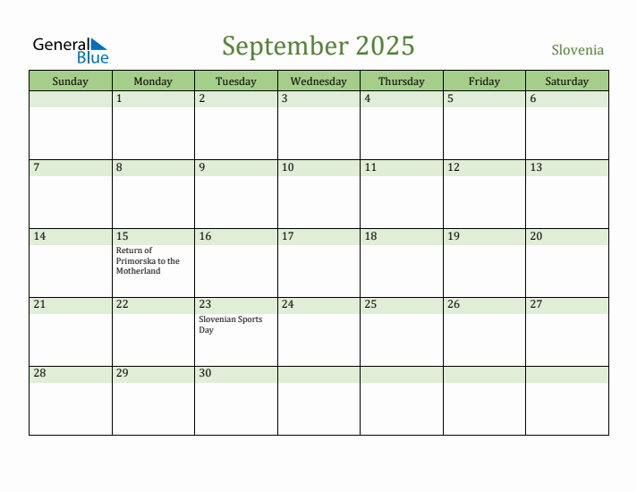 September 2025 Calendar with Slovenia Holidays